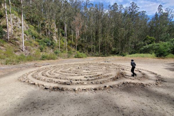 A person is walking through a labyrinth constructed on a sandy area, surrounded by a forest with tall trees under a partly cloudy sky.