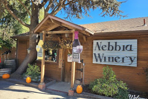 This image shows the entrance of a winery with a wooden sign that reads 